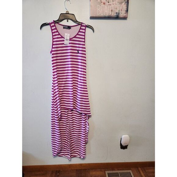 NWT Polo Ralph Lauren Size XL Girls Dark Pink  Stripe Hi Low Dress - Picture 1 of 3